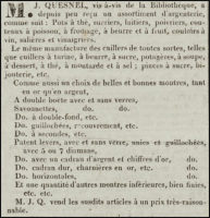 1825 advert by jeweller and silversmith Jacques Quesnel