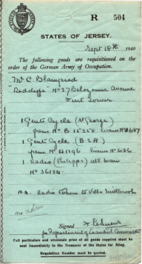 Mr C Blampied, of Redwood, Bellozanne Avenue, was required to hand over two bicycles and a radio, which was used by the Germans who lived at Villa Millbrook