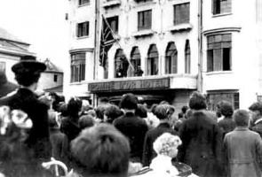 Outside the Pomme d'Or Hotel