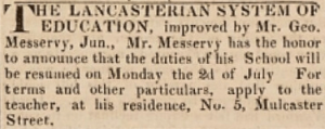 ... his advert in the Jersey Times claimed that he had improved the Lancasterian System of Education