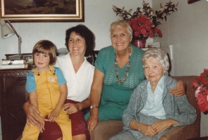 Four generations: Jenna Louise Nicholls (1979- ); Kate Nicholls, neé Beardsley (1944- ); Nancy Richardson, neé Thomas (1920- ); Emelia Anna Thomas, neé Smith (1889- ).
