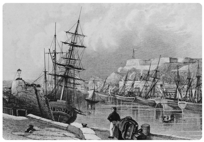 Robert Mudie's etching of St Helier Harbour in 1840 - the view is from South Pier