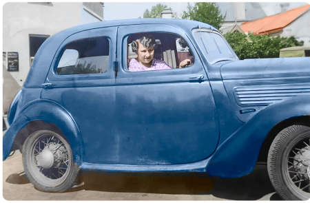 Dorothy Dobin at the wheel of a new Ford Popular outside the Wimbledon Hotel in 1934