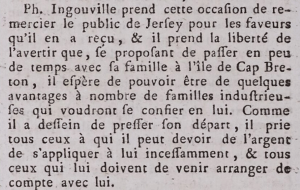 ... and shortly after his departure for Cap Breton Island, Canada