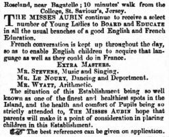 This 1859 advert for Misses Aubin's school at Roselands, St Saviour, is believed to relate to this property