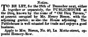 1858 advert for lease of Old Dicq Tavern