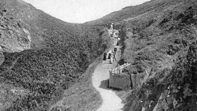 Walking along the path with the steep climb down the cliff still to come