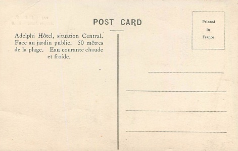 and 50 metres from the beach (a whopping lie, because the closest beach was at the other end of Gloucester Street from where the hotel makes the corner with the Parade, and at the time the card was printed that was a distance of nearly 300 metres. Today, land reclamation has pushed the closest stretch of beach even further away from the Adelphi
