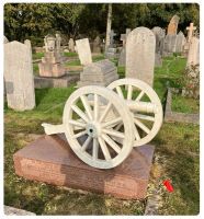An unusual but highly appropriate memorial in the churchyard to Major General John Lawrence Bolton, a Royal Artillery officer who retired to Jersey and died here