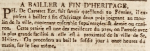 Philippe de Carteret advertised the sale of two adjoining meadows near the Town Mill in February 1804