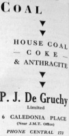 Philip John de Gruchy (1872- ), formerly of 19, David Place and The Ordnance Yard, Pier Road, Coal Merchant; 1948 advertisement