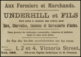 In 1920 Underhill and Son, of 1, 2 and 4 Victoria Street, advertised a range of vehicles suitable for farmers and merchants in the Chronique de Jersey