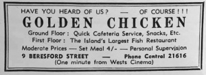A 1968 advert for the Golden Chicken in the programme for nearby Wests Cinema