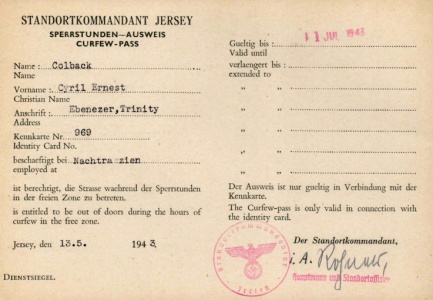 A curfew pass issued to Cyril Colback during the Occupation as a member of the Honorary Police [1]
