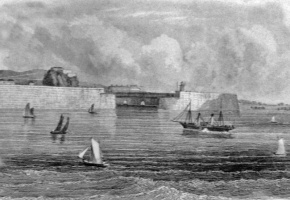 A paddle steamer approaches the harbour entrance. This engraving shows just how small some of the paddle steamers serving the island were