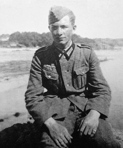 German soldier Horst Hermann (1925-2007) who served in Jersey from 1943 until the Liberation, photographed by a colleague at St Brelade in 1944. His story is told on an Occupation history website. He revisited Jersey in the years after the Occupation