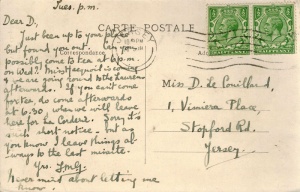 A card sent to Miss D Le Couillard in Stopford Road in the 1900s