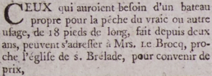 Mrs Le Brocq, living near St Brelade's Parish Church, advertised a boat for fishing or vraic gathering in Gazette de l'Ile de Jersey in 1799