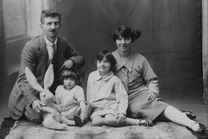 Clarence Le Maistre, born in St Ouen in 1892, the son of Adolphus (1853-1932) and Harriet Clara, nee Picket (1863- ) with his wife Olivia, nee Le Mottee, (1886-1963) and their children Edna and Olga