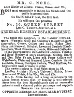 1871 advert for Clement Noel's hosiery business at 10 Queen Street, previously occupied by C Taroni