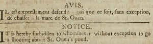 An advert in ‘’Gazette de l’Ile de Jersey’’ in 1803 prohibiting shooting near St Ouen’s Pond