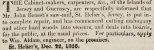 John Benest's sawmill was back in action in 1827, but the advert in Loyalist did not say where