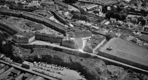 An aerial view of Fort Regent in the 1950s