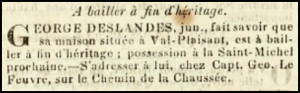 George Deslandes advertised the sale of his Val Plaisant house in Chronique de Jersey in 1840