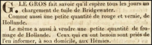 G Le Gros announced the availability of Bridgewater tiles in Chronique de Jersey in 1825