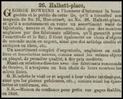 In early 1870 George Bowring announced that he had moved his jewellery business from Hue Street to Halkett Place ...