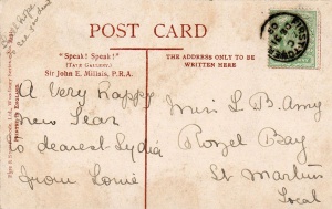 A New Year 1909 greeting postcard to Lydia Amy from Louie. We think this may have been Lydia Blampied Amy, the daughter of George and Mary Ann, born in St Martin in 1885