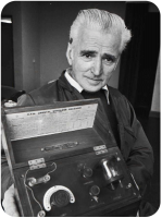Archibald Sydney Keith Moisan (1923-) with a crystal radio set