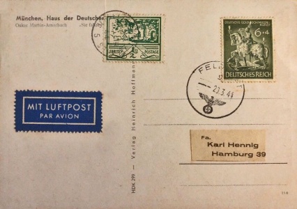 ... this was a typical German postcard, sent to Hamburg, in early 1944, before D-Day brought a stop to outgoing mail, with both Jersey and German stamps applied