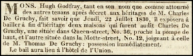 Charles de Gruchy`s creditors advertise his houses at 36 Queen Street and 12 La Motte Street for sale in 1830