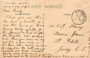 A 1910 postcard to Mrs C J Fleury, of Acacia House, St Peter, from her niece