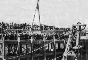 A picture by Ernest Baudoux from 1887 showing the ceremony for the laying of the foundation stone for a landing place on the Victoria Pier