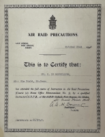 Charles Le Boutillier's air raid precautions certificate
