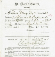 Members of the congregation had to pay to reserve a pew in 1906: £4 for a year, payable quarterly, as evidenced by this receipt for payment by Thomas Dorey of 3 Almorah Crescent, a very posh residence at the time
