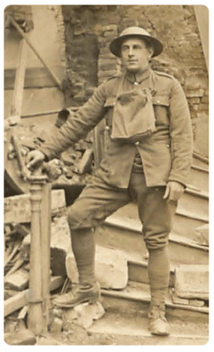 Private Ambrose Archibald Carter, MM, an ambulance driver with the Royal Army Service Corps, he had previously worked as a chauffeur in Guernsey. He was awarded the Military Medal for volunteering to bring in wounded comrades under particularly heavy shell fire, day and night for several days. He was born in St Helier in 1890, the son of Charles Henry and Emily, nee Chick,