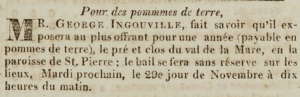 George Ingouville offered a meadow at Val de La Mare, St Peter, to rent for one year, with payment in potatoes