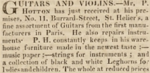 P Hotton sold and repaired guitars at 11 Burrard Street in 1832
