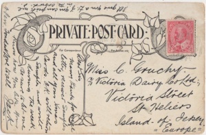 A postcard from Canada in 1908 to Miss C Gruchy, possibly Caroline, from her brother in Canada