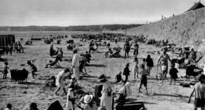 Looking west along a crowded beach