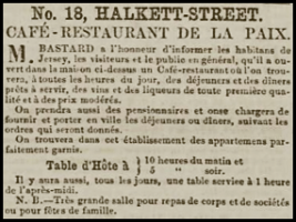 In this 1860 advert in Chronique de Jersey M Bastard announced the opening of Cafe-Restaurant De La Paix at 18 Halkett Street