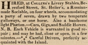 Collins livery stables in Beresford Street had carriages to let in 1832