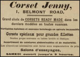 If you needed a corset in 1924, just head fore Corset Jenny in Belmont Road
