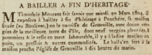 Timothee Mourant announced the sale of his house at Boulivot, Grouville, with 12 vergees, in Gazette de l'Ile de Jersey in 1804
