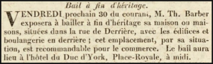 Thomas Barber advertised the sale of his Rue de Derriere property, including a bakery, in Chronique de Jersey in 1825