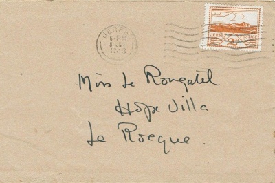 A letter sent to Miss Le Rougetel at Hope Villa, La Rocque, during the German Occupation. Occupation ID card records show the occupants of Hope Villa as Charles and Lydia Maud Le Rougetel, so the recipient of the letter was presumably their daughter