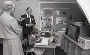 Lady Whiteley and headmaster Alec Shepherd watch pupil Louise Holley operating a new state-of-the-art computer installed in newly refurbished classrooms at St Luke’s School in June 1983 - Picture Jersey Evening Post